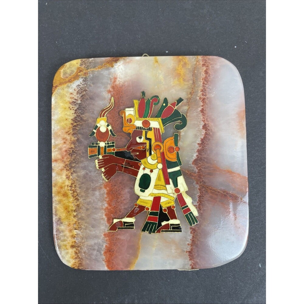 Vintage 70's Aztec Folk Art Marble & Enamel Wall Plaque "Uey Tozoztli-Cinteotl"